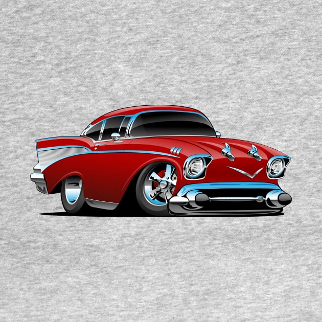 Classic hot rod 57 muscle car, low profile, big tires and rims, candy apple red cartoon by hobrath